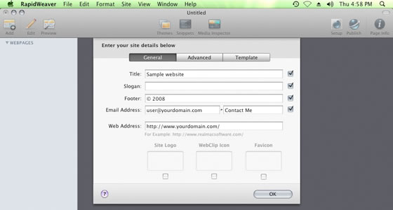 Enter Rapidweaver title and personal details