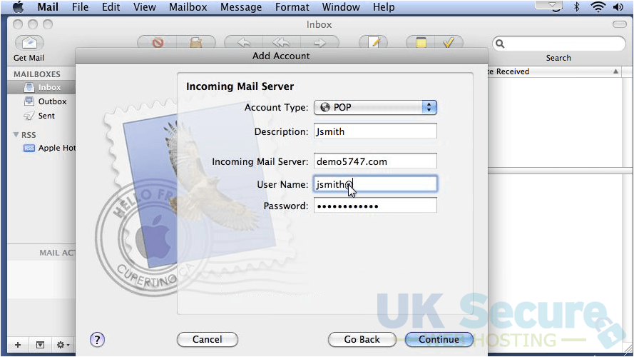 Enter theÂ Incoming Mail ServerÂ as provided by UK Secure Web Hosting (eg. mail.yourdomain.co.uk). Then type your username (your username is your email address), and click Continue.